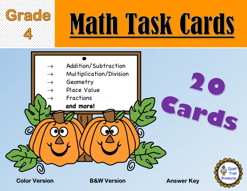 Grade 4 math task card cover lists 20 cards covering arithmetic, geometry, place value, and fractions.