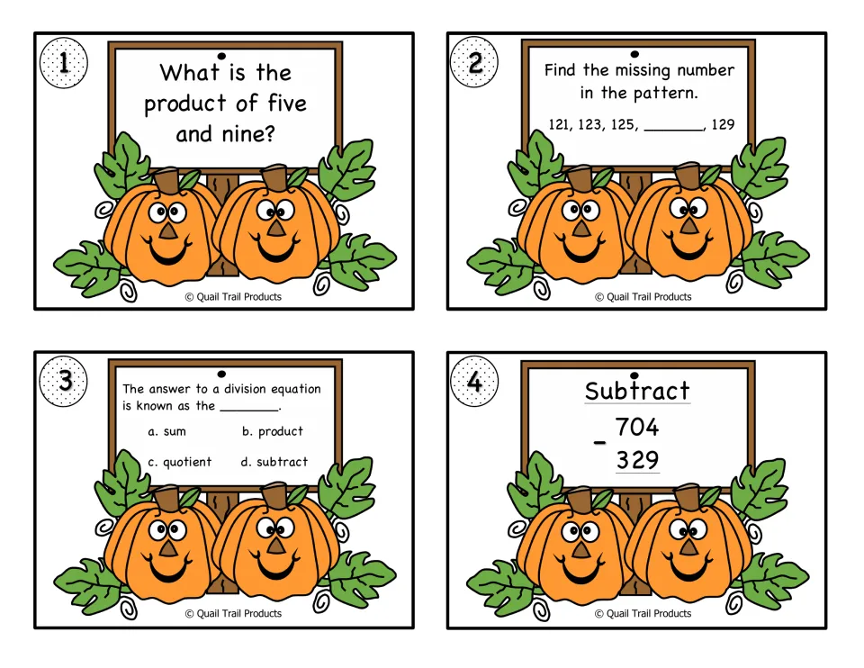 Color math cards 1–4 ask for five times nine, a missing number, the division answer term, and 704 − 329.