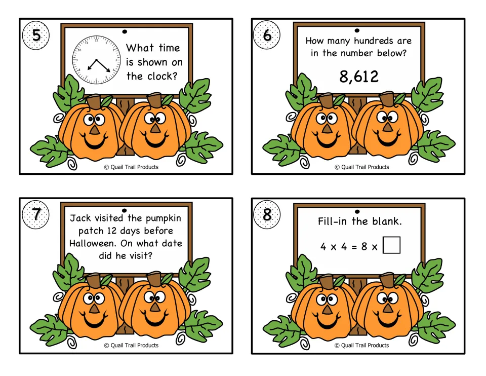 Color math cards 5–8 cover clock reading, hundreds in 8,612, a Halloween date, and 4 × 4 = 8 × a blank.