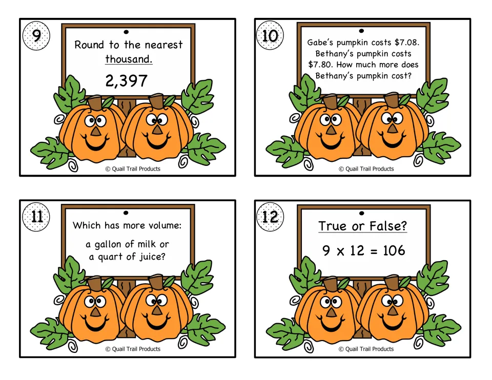 Color math cards 9–12 cover rounding 2,397, comparing pumpkin prices and volumes, and checking 9 × 12 = 106.