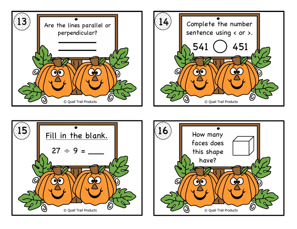 Color math cards 13–16 ask about parallel lines, comparing 541 and 451, solving 27 ÷ 9, and cube faces.