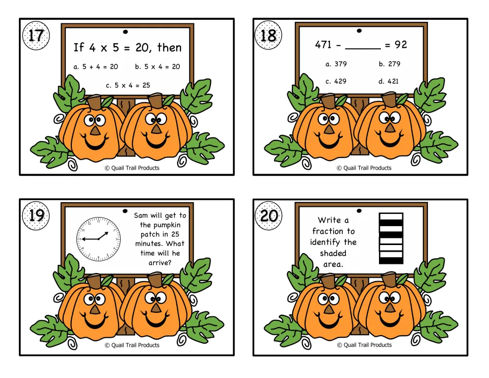Color math cards 17–20 cover reversed factors, 471 minus a missing number, elapsed time, and a shaded fraction.
