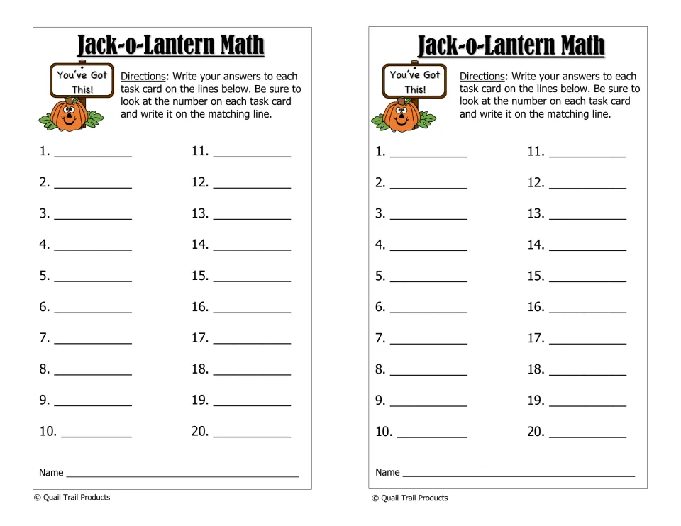 Two copies of the Jack-o-Lantern Math recording sheet provide numbered spaces for task card answers 1–20.