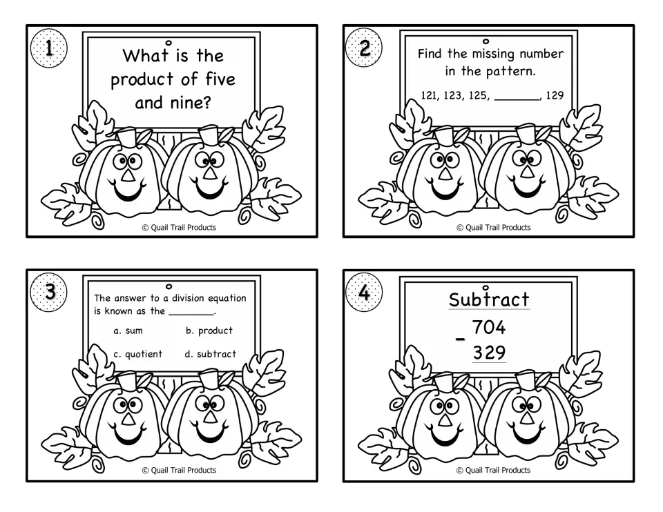 Black-and-white math cards 1–4 cover five times nine, a number pattern, division vocabulary, and 704 − 329.