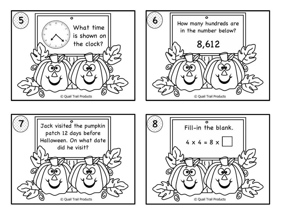 Black-and-white math cards 5–8 cover clock reading, hundreds in 8,612, a Halloween date, and a missing factor.