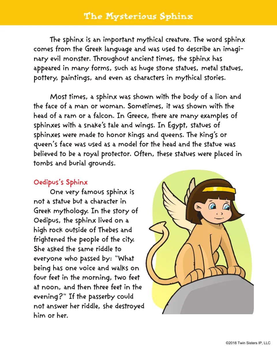Opening sphinx passage explains the mythical creature, Egyptian royal statues, and the riddle posed to Oedipus