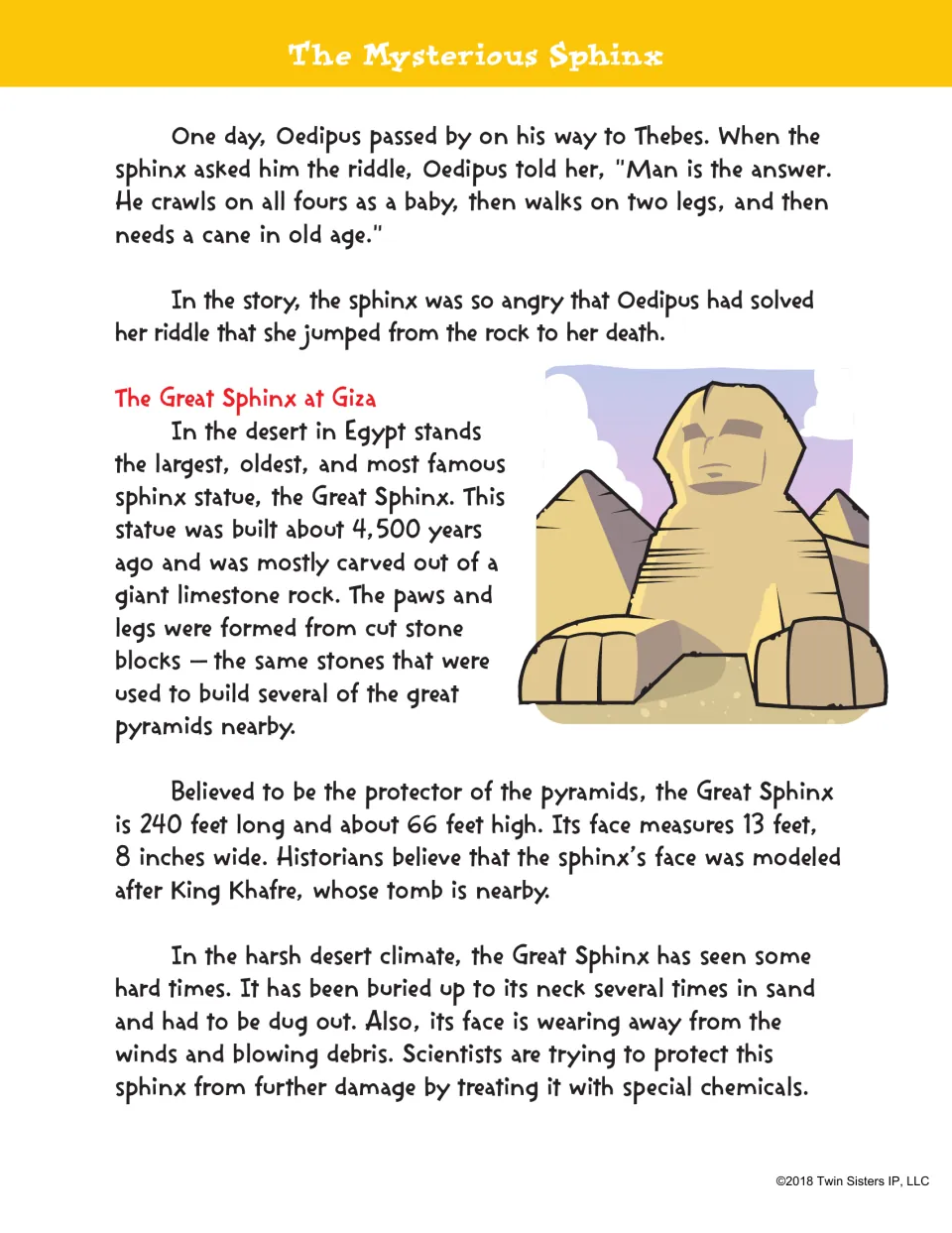 Sphinx passage continues with Oedipus's answer and facts about the Great Sphinx's construction and erosion