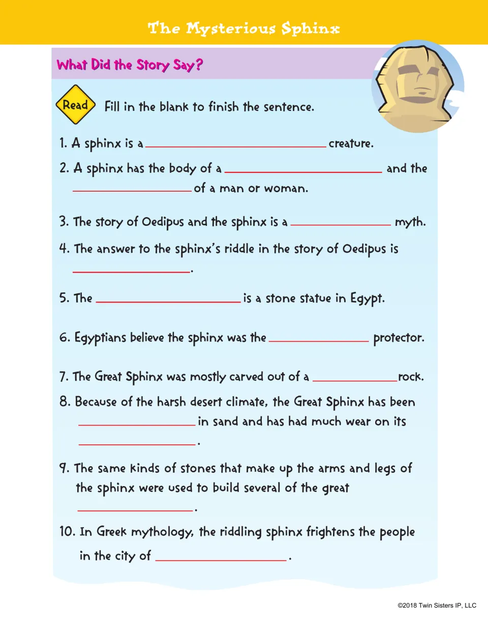 Sphinx comprehension practice asks students to complete 10 sentences about the myth and the Egyptian statue
