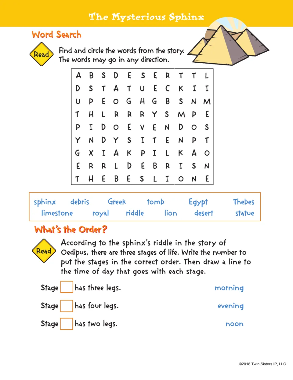 Sphinx follow-up activities include a 12-word search and sequencing the three life stages in Oedipus's riddle