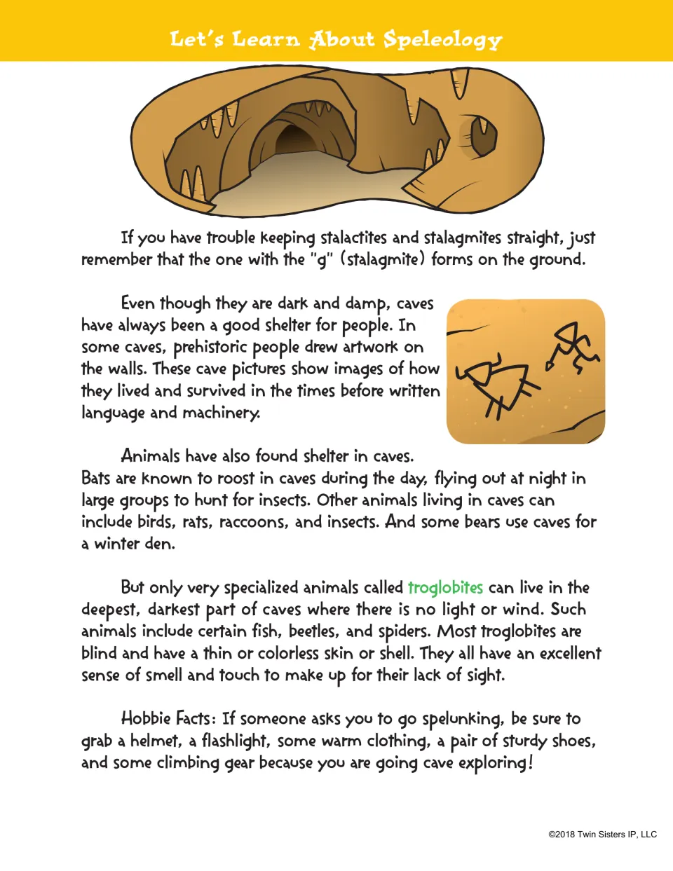 Speleology passage continues with prehistoric cave art, cave animals, troglobites, and spelunking equipment