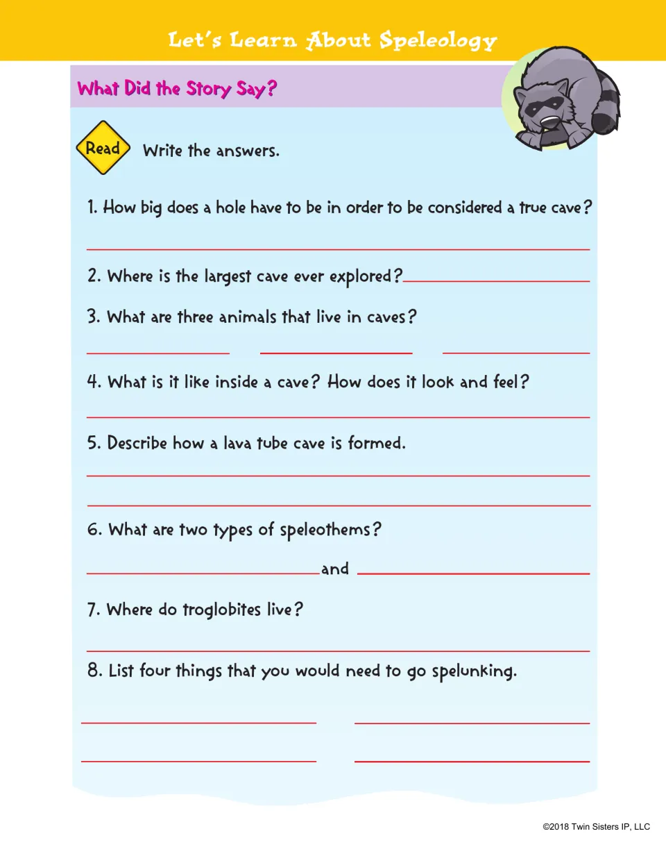 Cave comprehension practice asks eight written questions about cave size, animals, formations, and spelunking