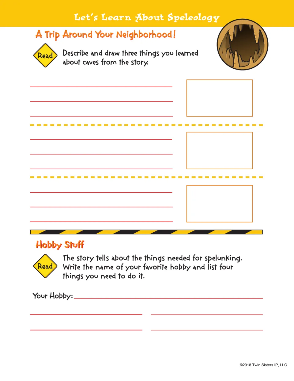 Cave follow-up asks students to describe and draw three learned facts and list four supplies for a favorite hobby