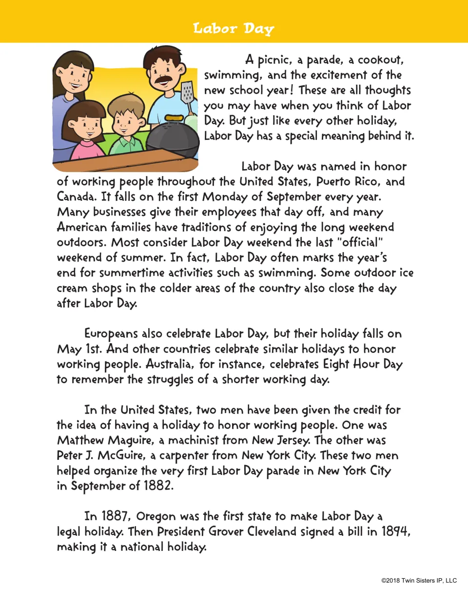 Labor Day reading passage explains the holiday's meaning, celebrations, first parade, and national recognition