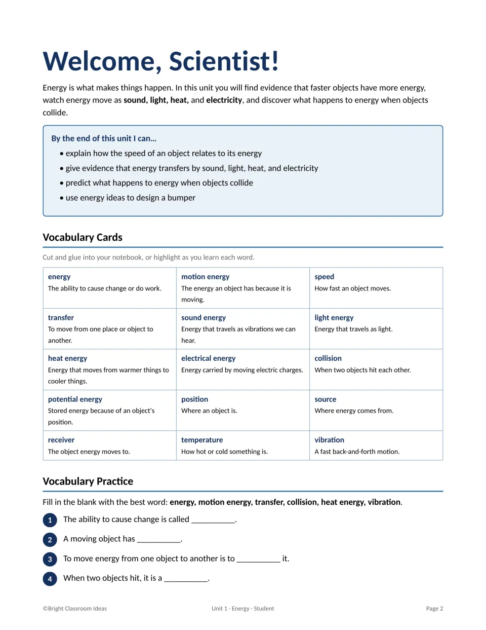 Energy unit welcome with 15 vocabulary cards to cut and glue, plus fill-in-the-blank practice using energy terms