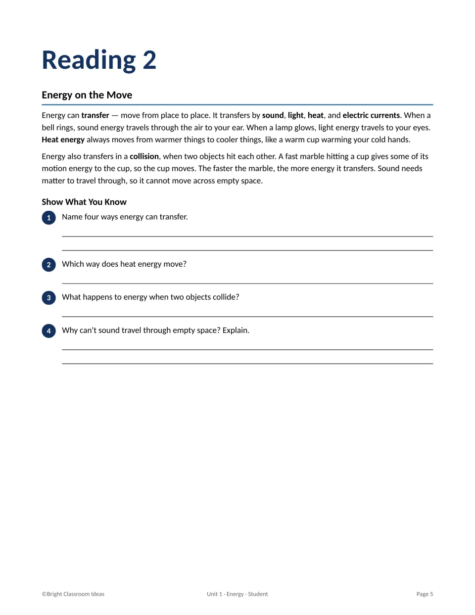 Reading 2, Energy on the Move: students read how energy transfers by sound, light, heat and collisions, then respond