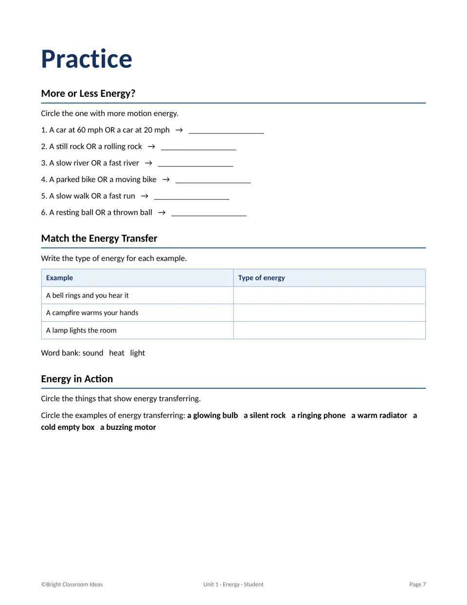 Energy practice: circling objects with more motion energy, labeling sound, heat or light transfers, and spotting transfers