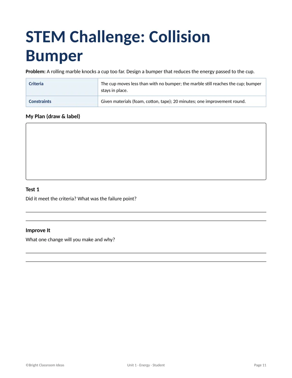 STEM Challenge, Collision Bumper: students draw and label a bumper plan, test it, then improve it using foam, cotton, tape
