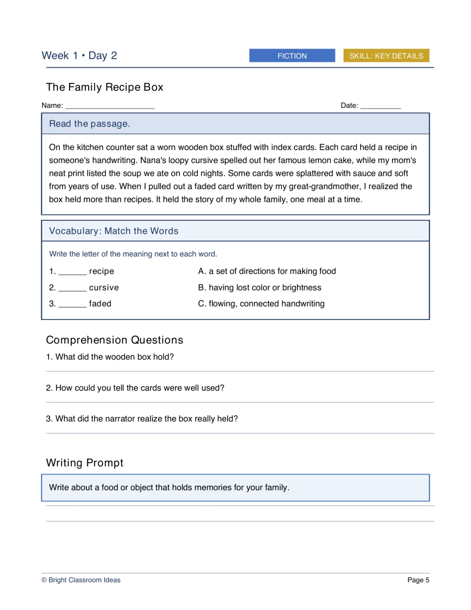 Week 1, Day 2 fiction lesson, The Family Recipe Box, pairs a family recipe story with vocabulary and questions