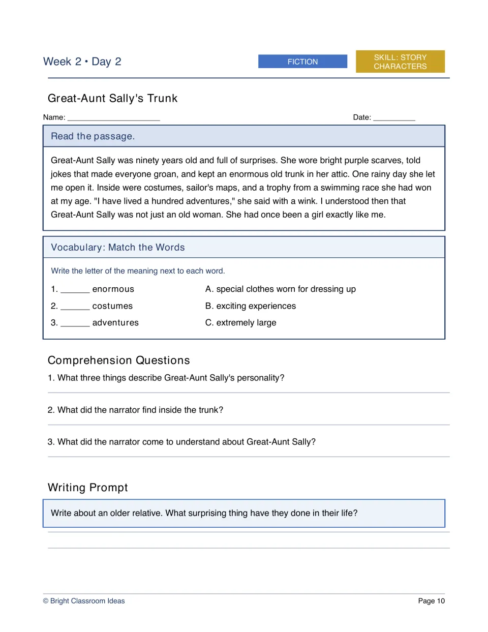 Week 2, Day 2 fiction lesson, Great-Aunt Sally's Trunk, uses costumes, maps, and a trophy to reveal her past