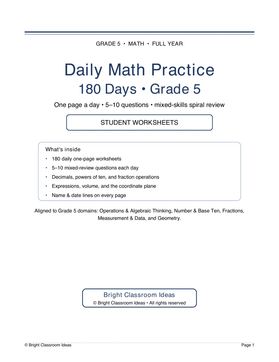 Cover for 180 days of Grade 5 student worksheets: 5–10 mixed-review questions a day on decimals, powers of ten and fractions