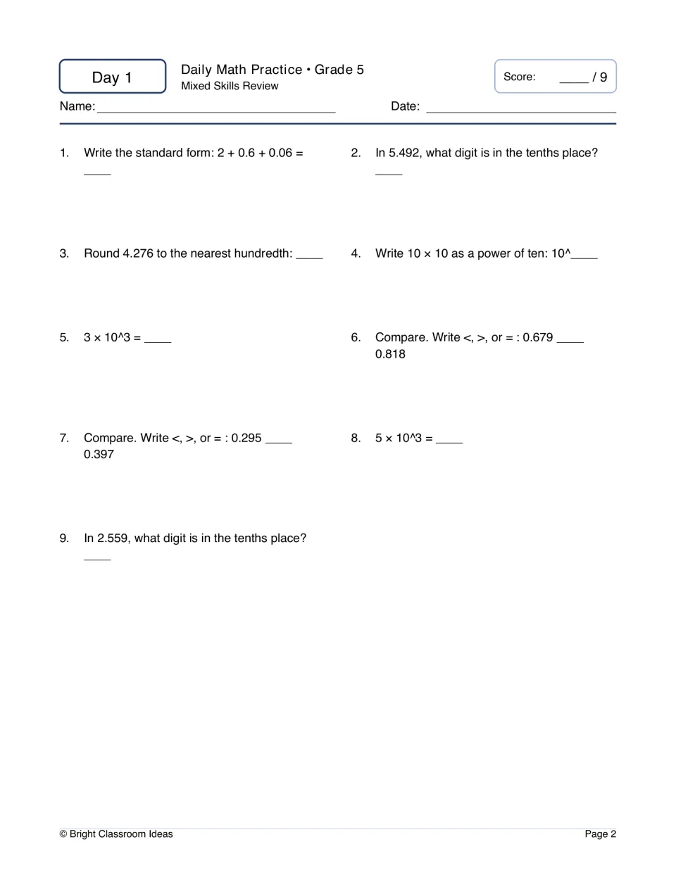 Day 1 mixed review: students write 2 + 0.6 + 0.06 in standard form, find tenths digits, round 4.276 and compare decimals