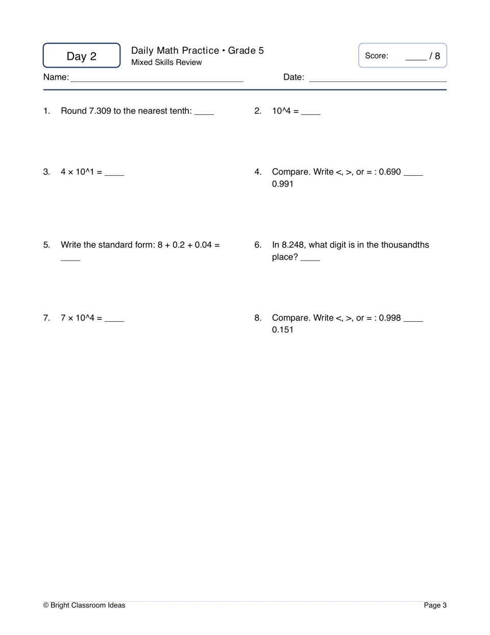Day 2 mixed review: students round 7.309 to the nearest tenth, evaluate 10^4 and 7 × 10^4, and compare 0.998 with 0.151