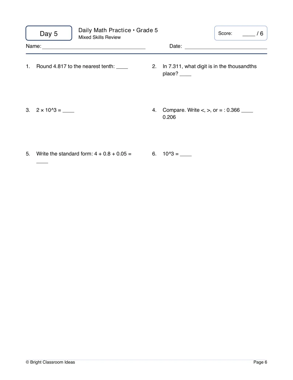 Day 5 mixed review: six questions on rounding 4.817 to tenths, 2 × 10^3, comparing 0.366 and 0.206, and standard form