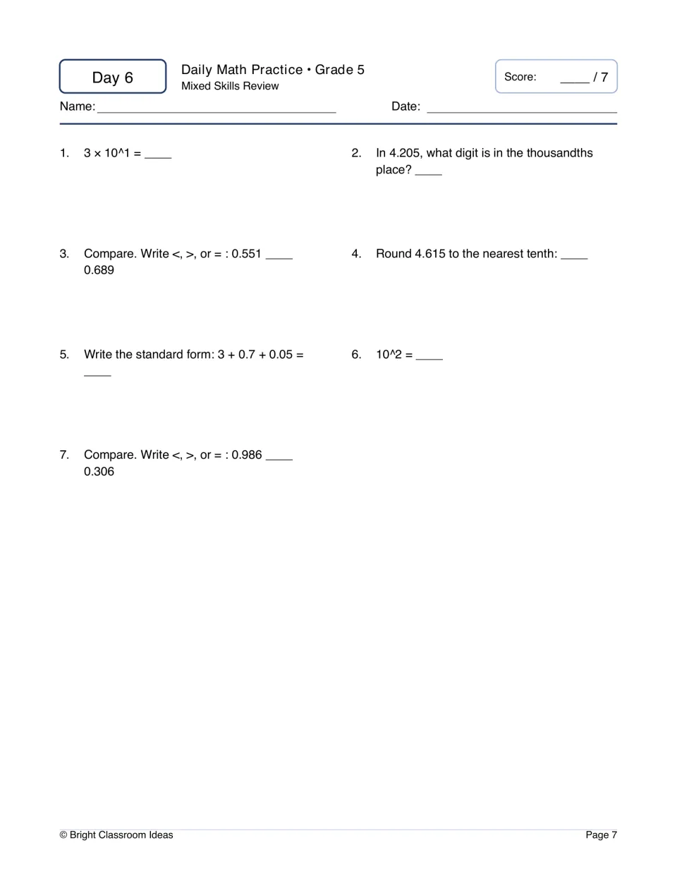 Day 6 mixed review: students evaluate 3 × 10^1 and 10^2, round 4.615 to the nearest tenth and compare 0.986 with 0.306