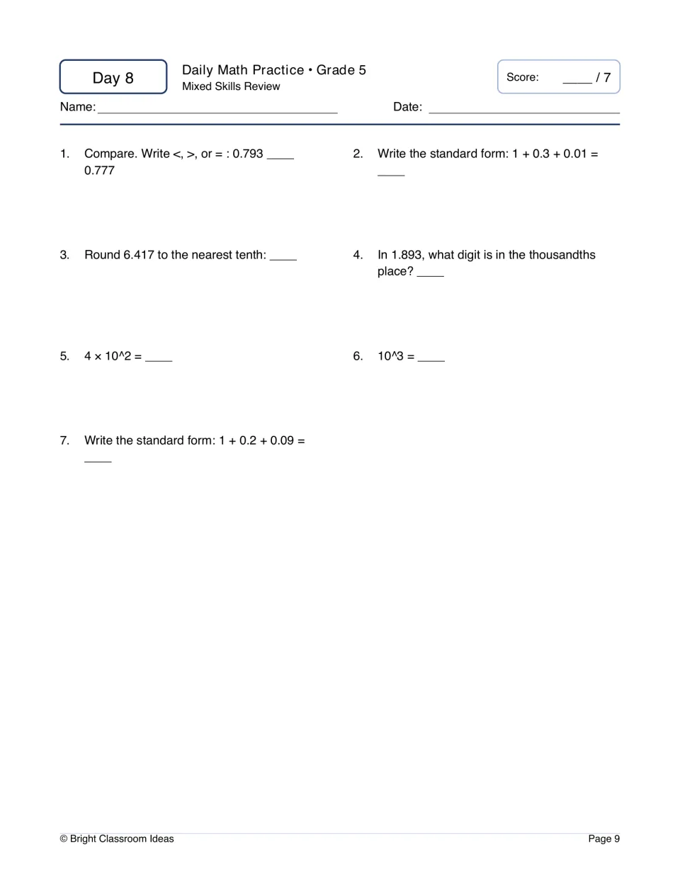 Day 8 mixed review: students compare 0.793 and 0.777, write 1 + 0.3 + 0.01 and 1 + 0.2 + 0.09 in standard form, round 6.417
