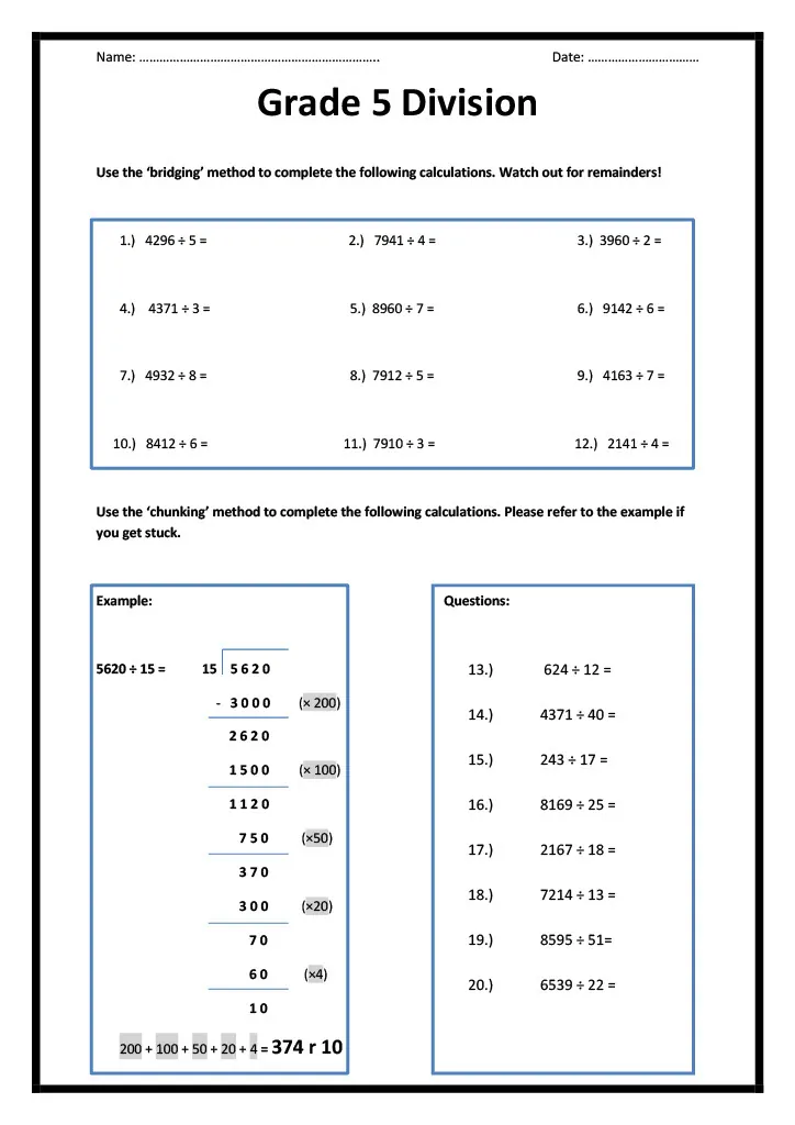 Grade 5 Division Worksheet – cover