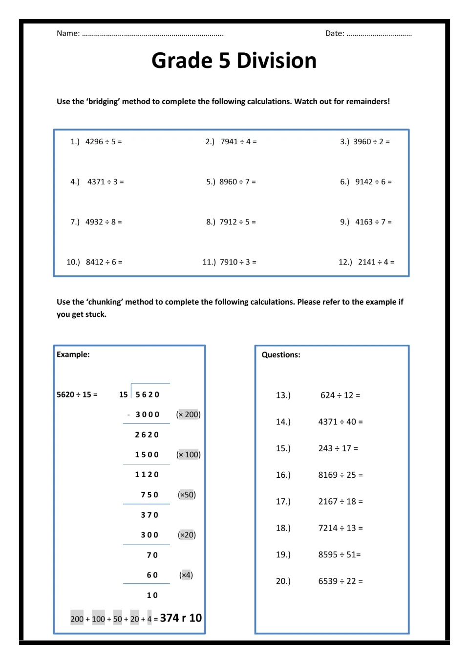 Division with remainders: students solve 12 problems by bridging and 8 by chunking, using a worked 5620 ÷ 15 example