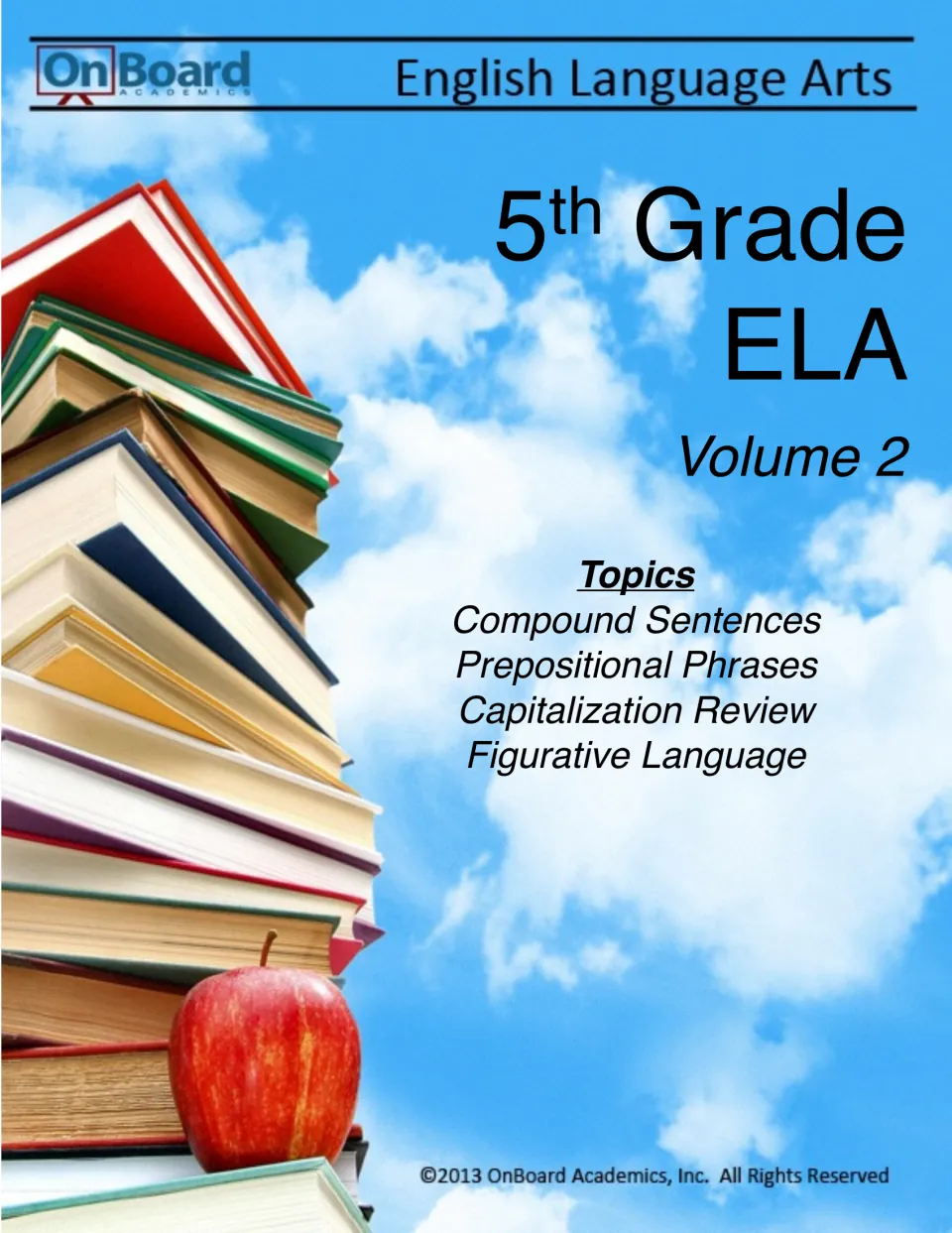 Workbook cover for Grade 5 ELA Volume 2, listing compound sentences, prepositional phrases, and two more topics
