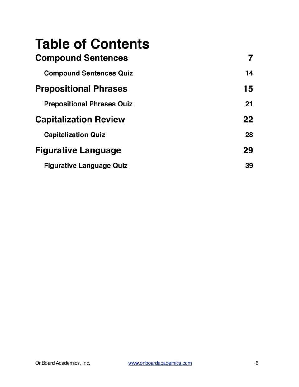 Workbook contents listing four topic sections and their quizzes, from compound sentences to figurative language