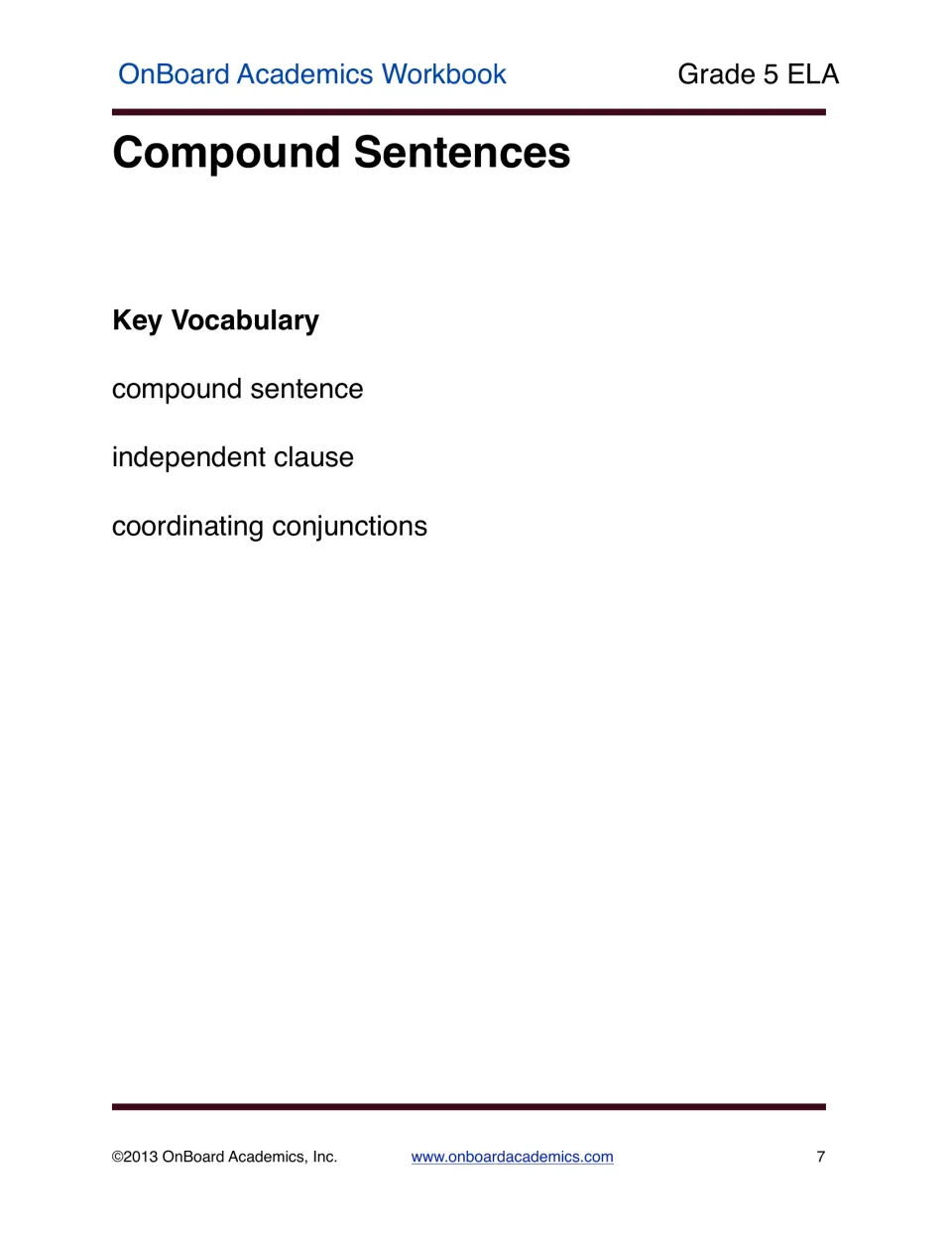Compound sentences section opener listing compound sentence, independent clause, and coordinating conjunctions