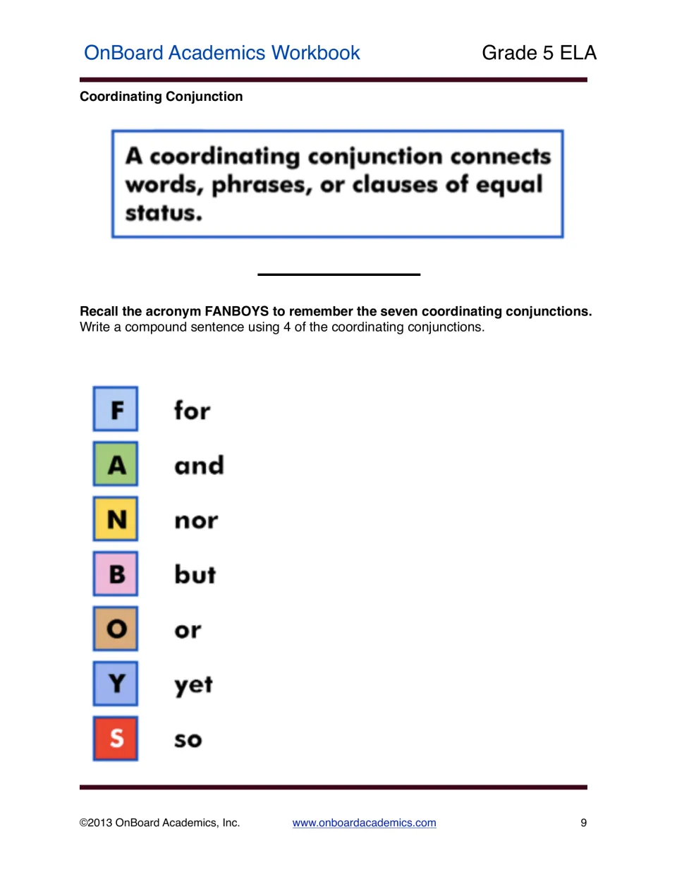 Coordinating conjunction lesson listing FANBOYS and asking students to write using four of the conjunctions