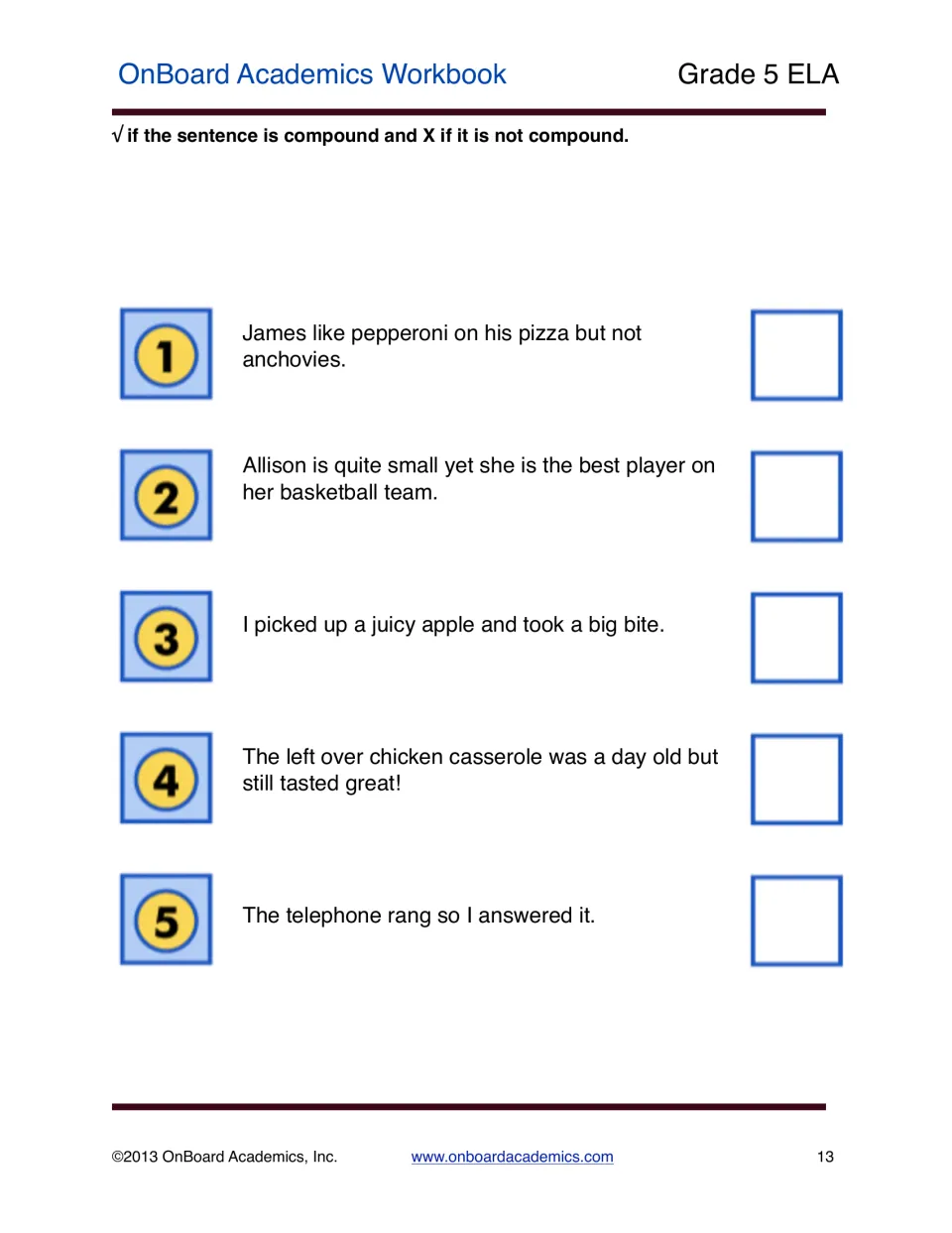 Compound sentence identification practice asking students to mark five sentences with a check mark or X