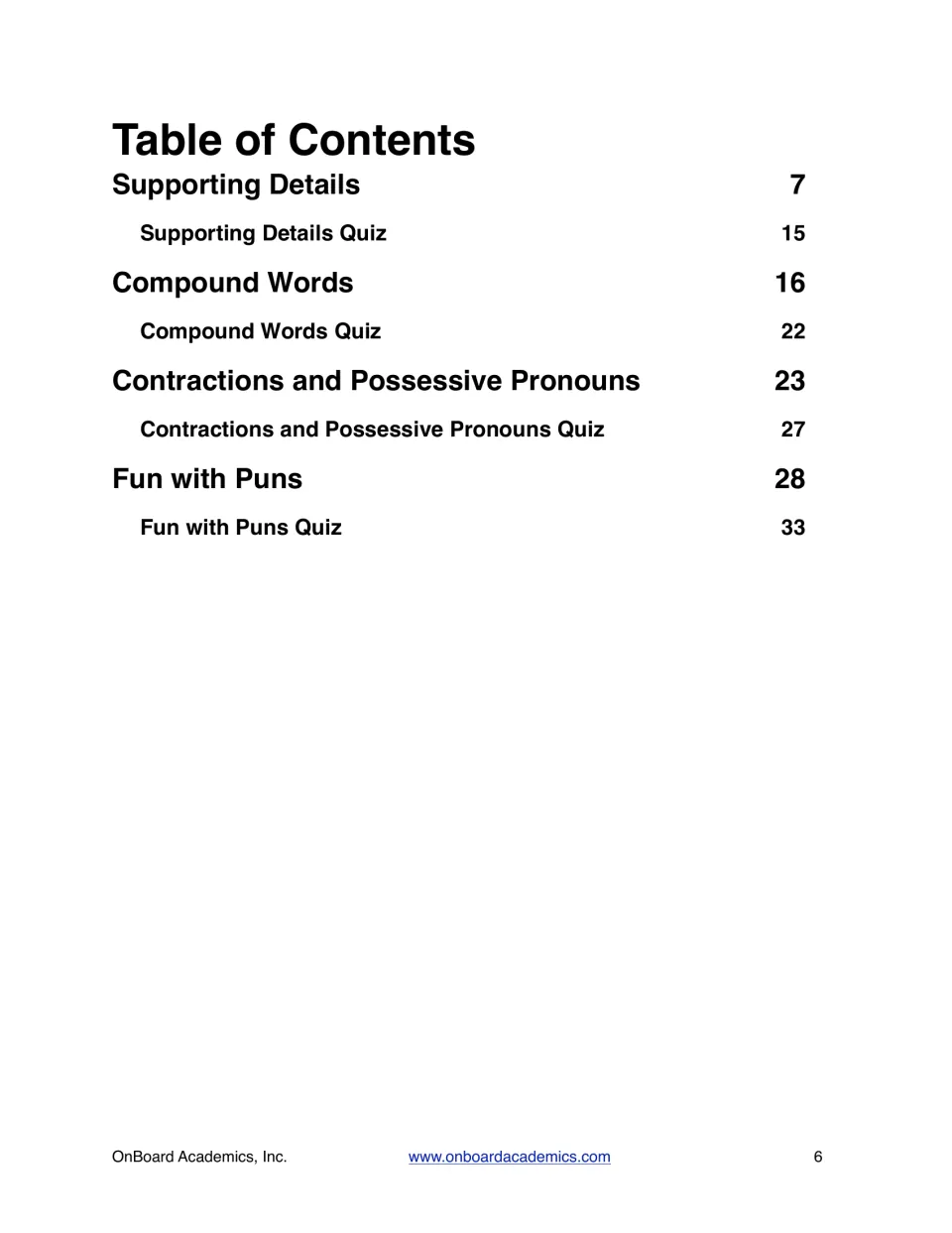Workbook table of contents lists four topic sections and their quizzes, starting with Supporting Details on page 7.