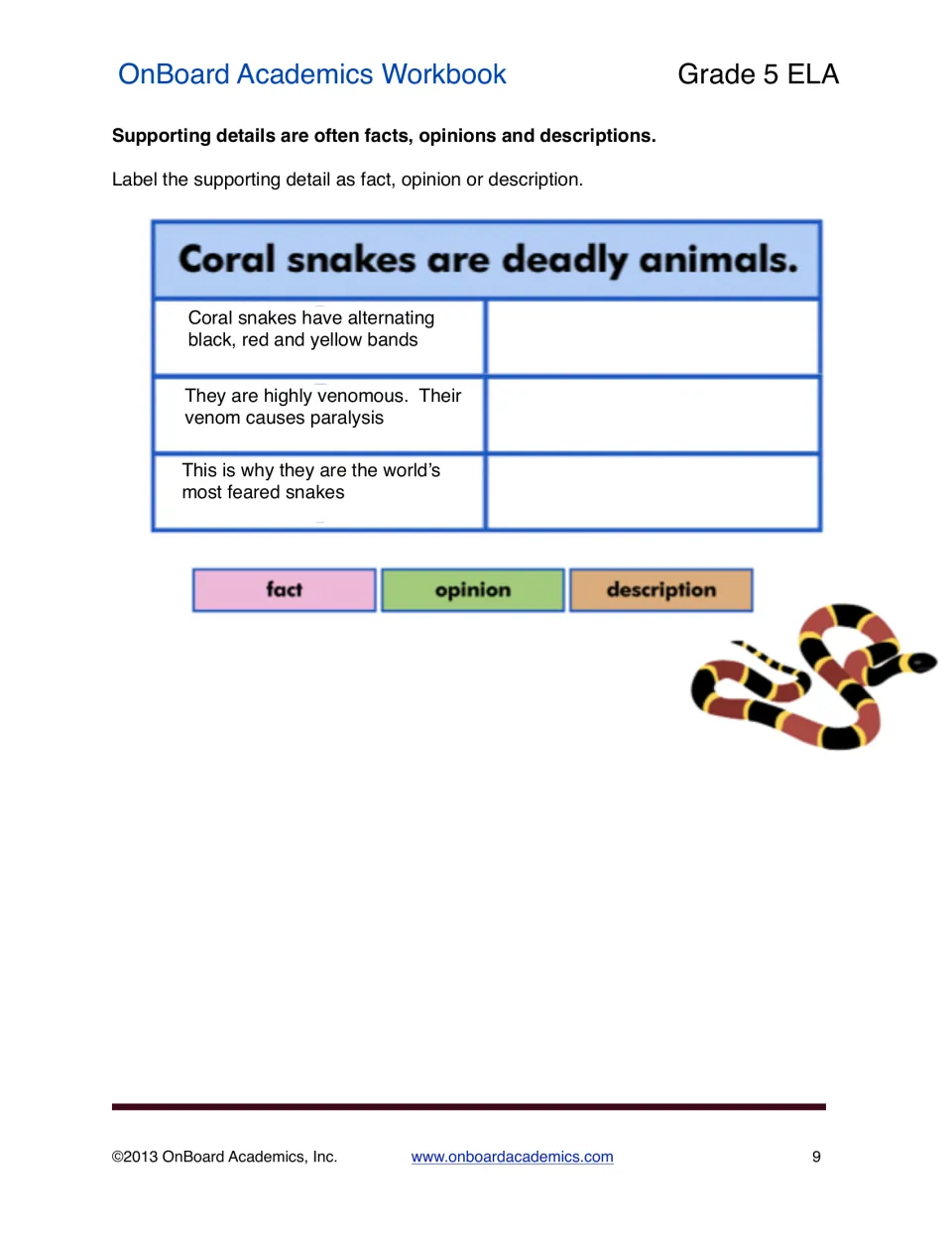 Supporting details practice asks students to label coral snake statements as fact, opinion, or description.