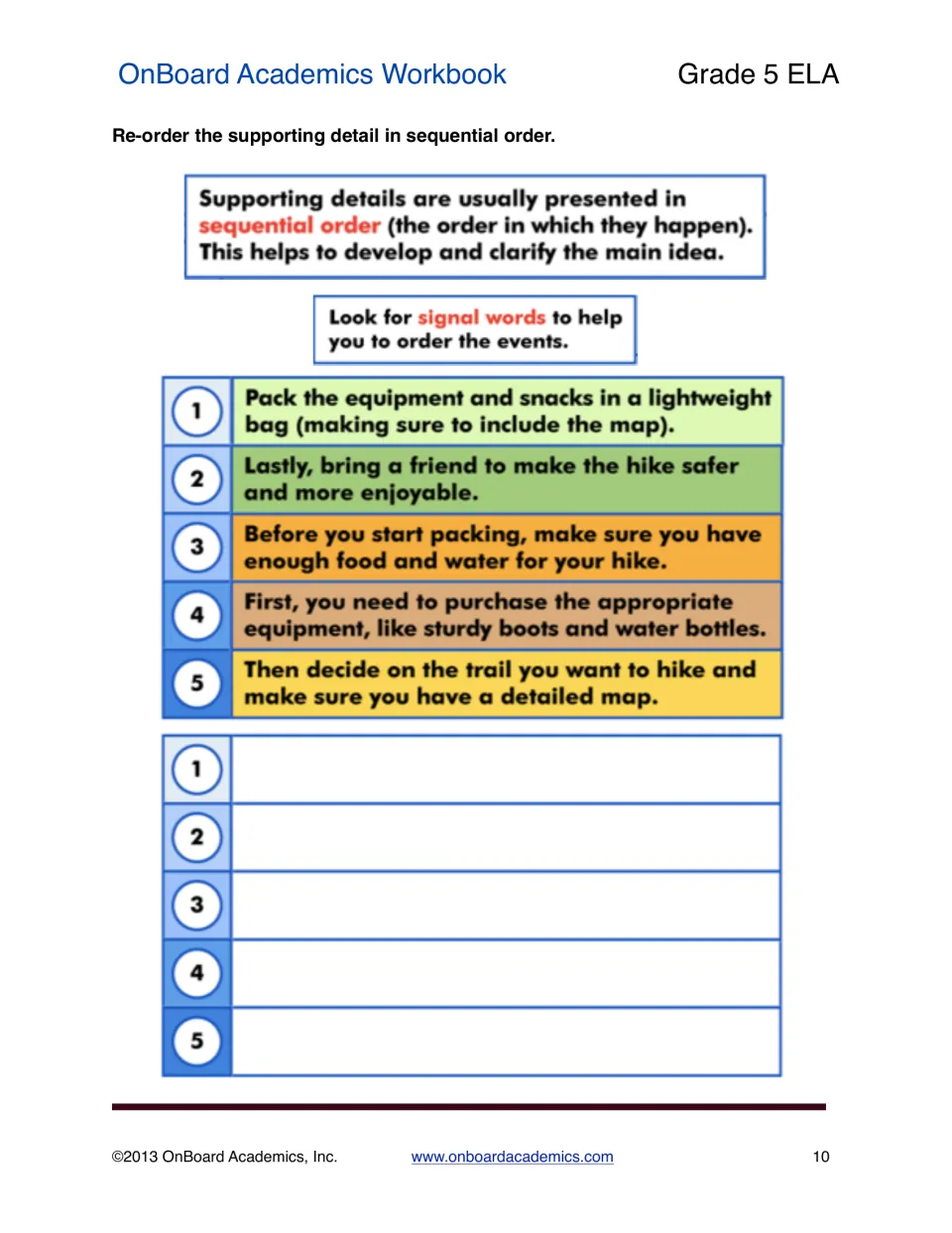 Sequence practice asks students to reorder five hiking preparation steps using signal words such as first and lastly.