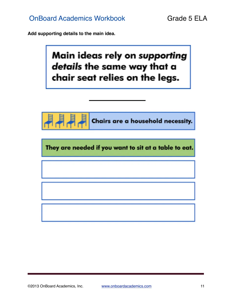 Supporting details writing practice asks for three more details supporting 'Chairs are a household necessity.'