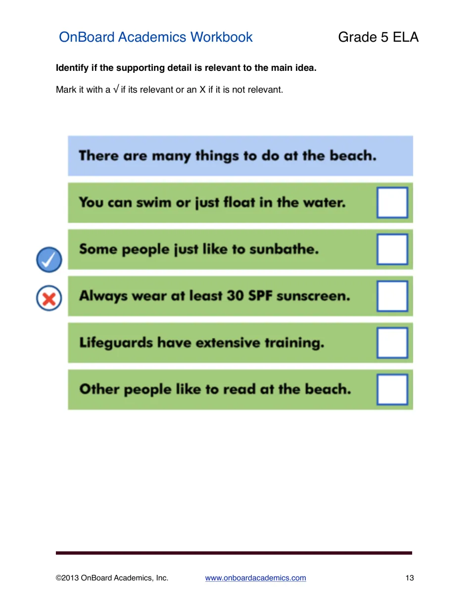 Relevance practice asks students to mark five details that do or do not support 'There are many things to do at the beach.'