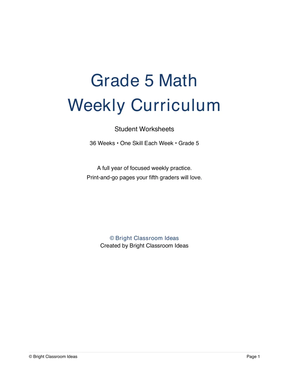 Grade 5 Math Weekly Curriculum cover: student worksheets covering 36 weeks, one skill each week, by Bright Classroom Ideas