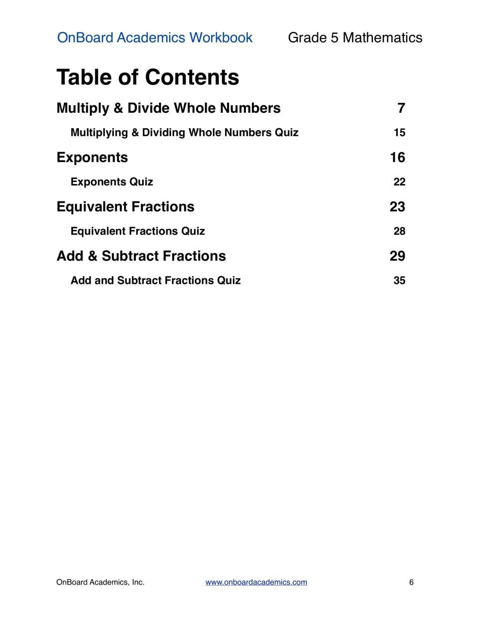 Table of contents: four units (whole numbers, exponents, equivalent fractions, add/subtract fractions), each with a quiz