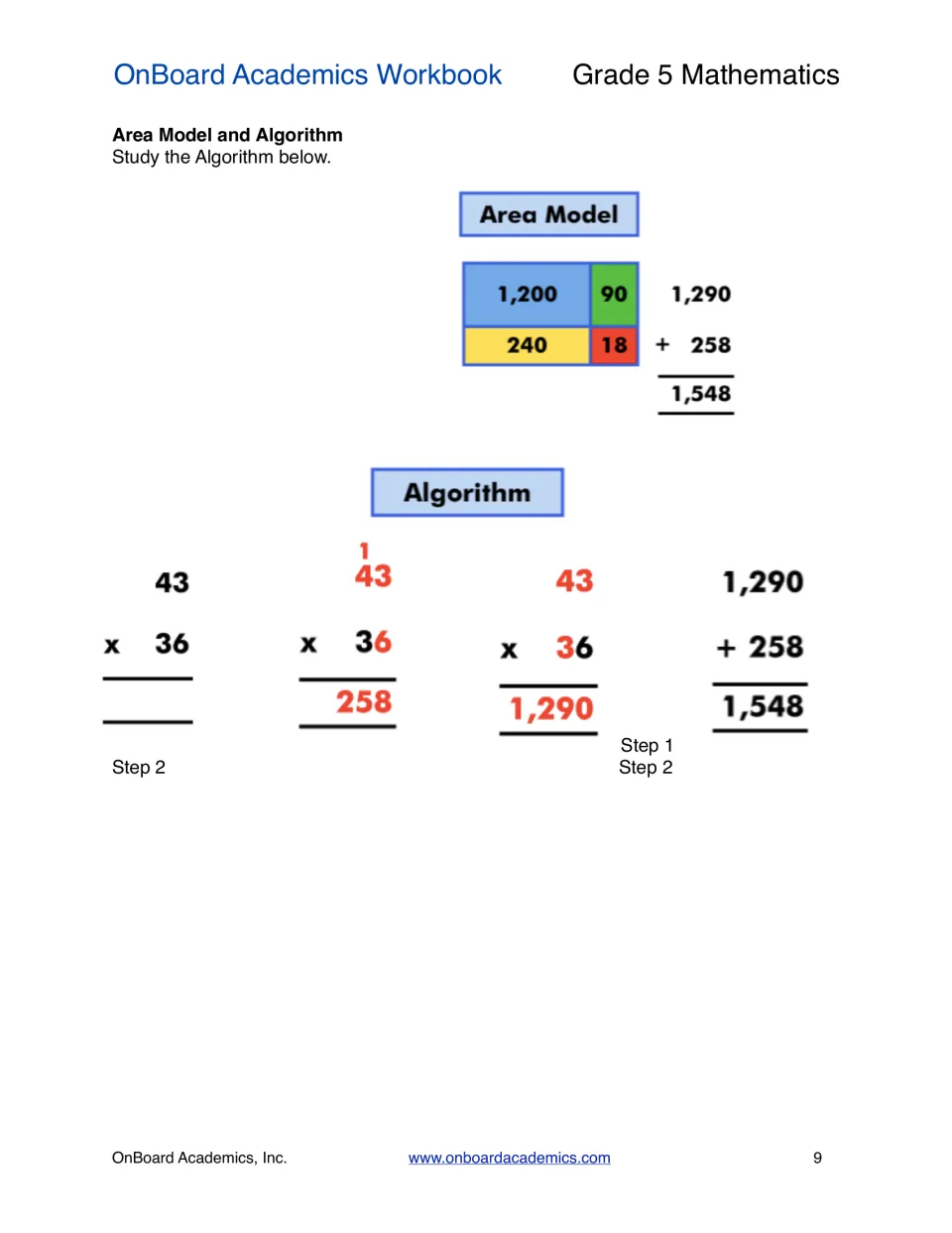 Area model and algorithm: worked example of 43 x 36 showing partial products 1,200, 90, 240 and 18 totaling 1,548