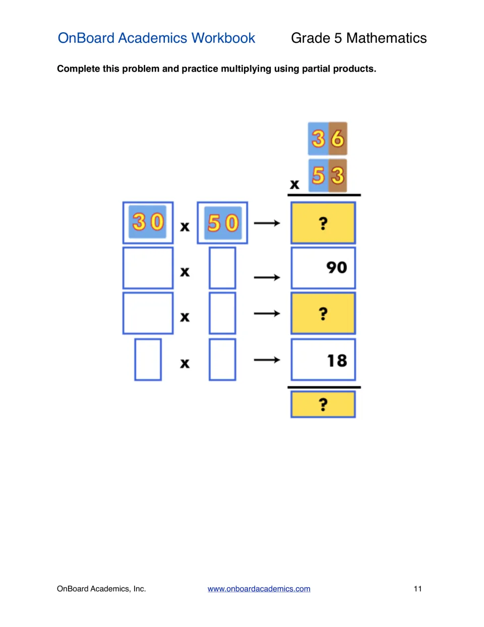 Partial products: students multiply 36 x 53 by completing 30 x 50 and three more steps, then summing them