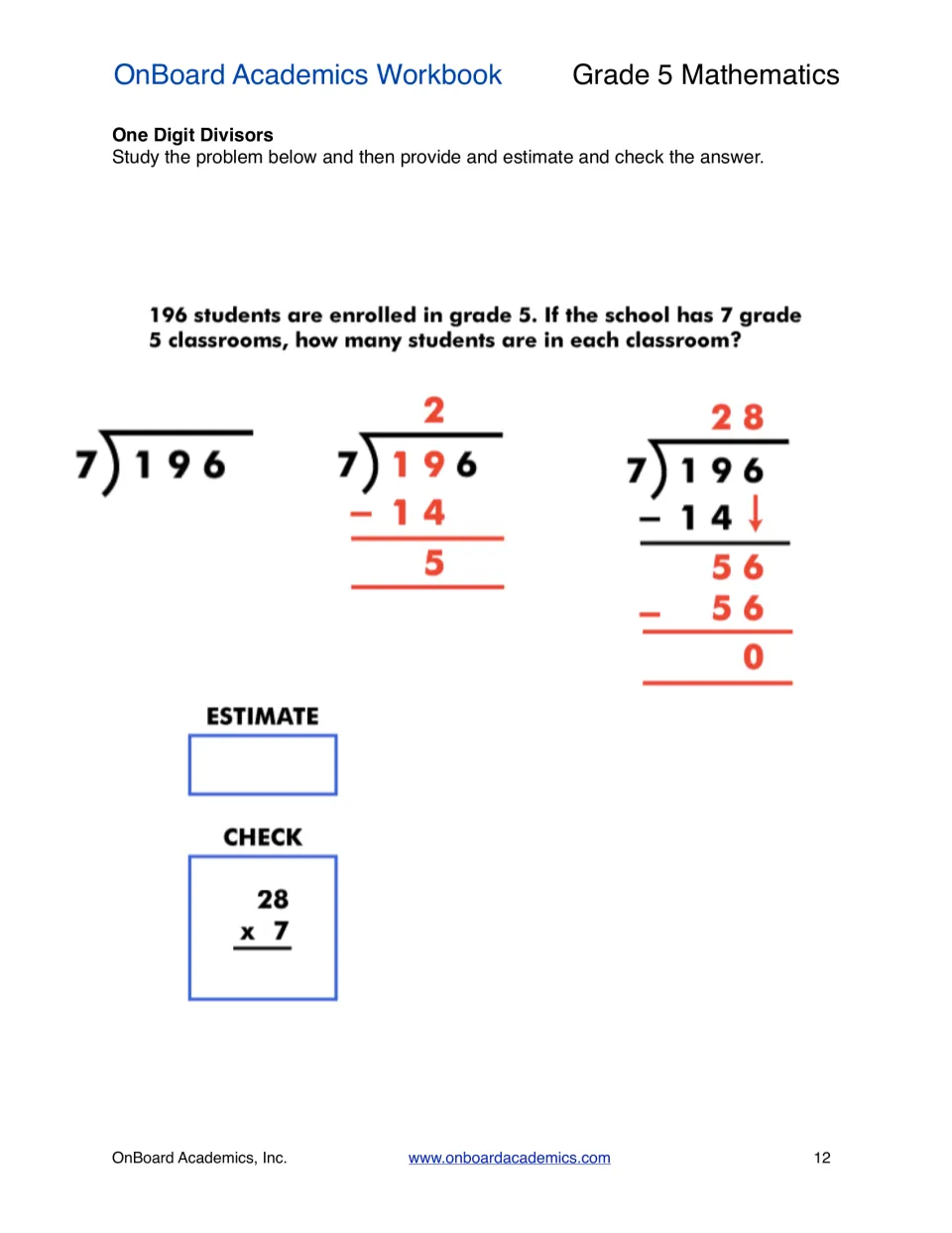One-digit divisors: worked long division of 196 students into 7 classrooms giving 28, then students estimate and check