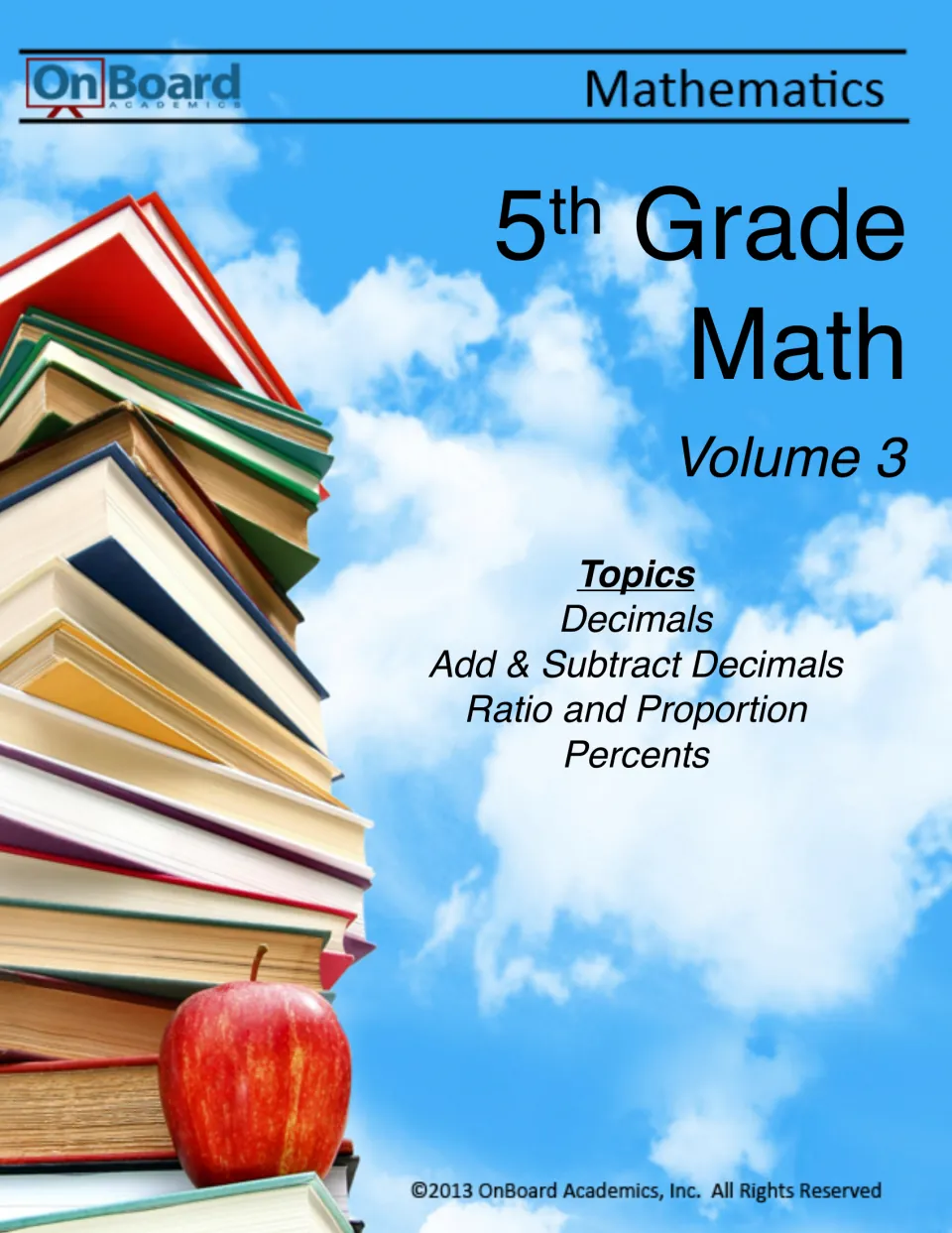 Cover of 5th Grade Math Volume 3 listing topics: decimals, adding and subtracting decimals, ratio and proportion, percents