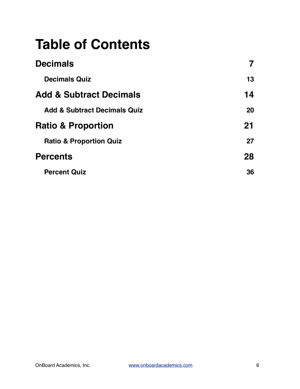 Table of contents: units on decimals, adding and subtracting decimals, ratio and proportion, and percents, each with a quiz
