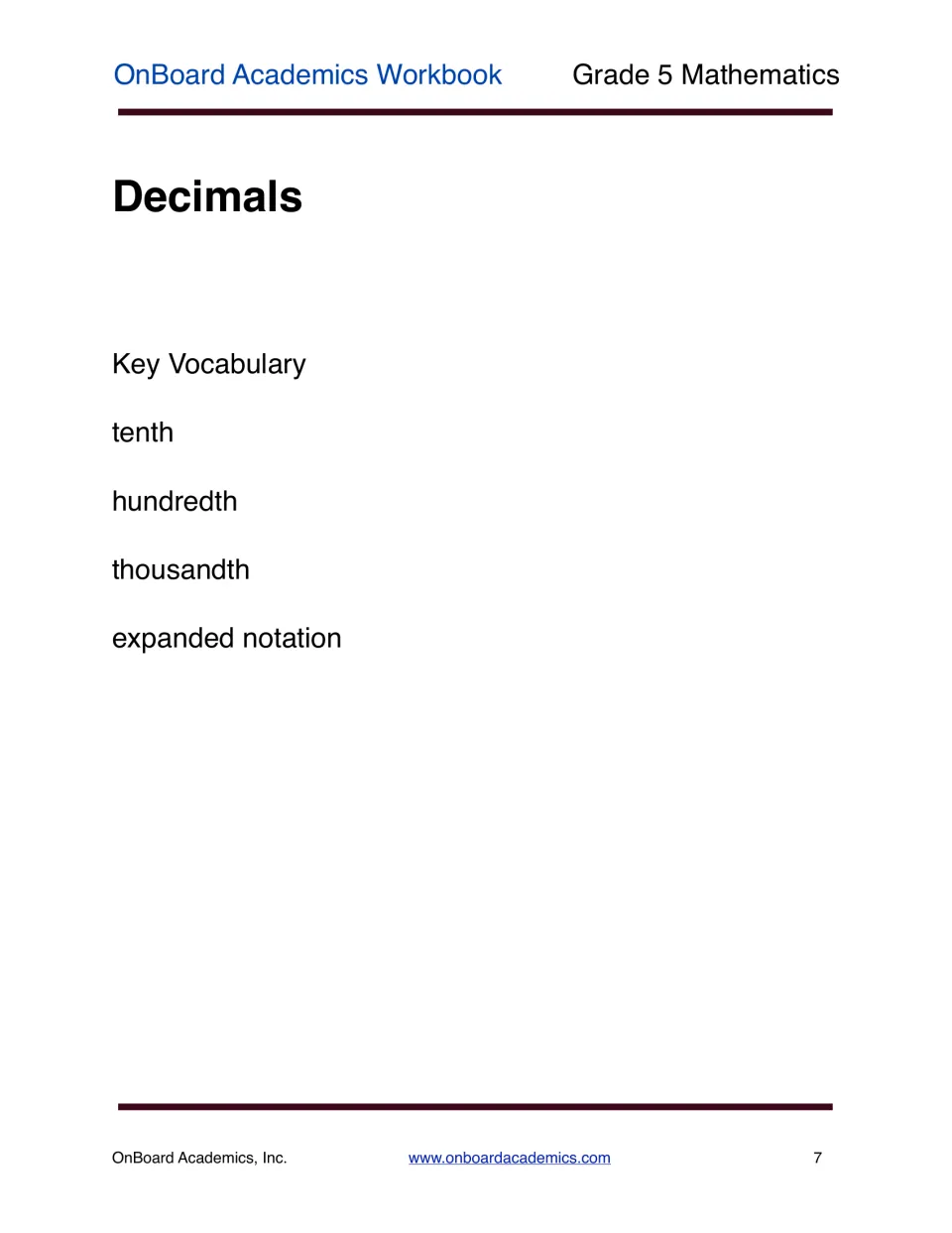 Decimals unit opener listing key vocabulary terms: tenth, hundredth, thousandth and expanded notation