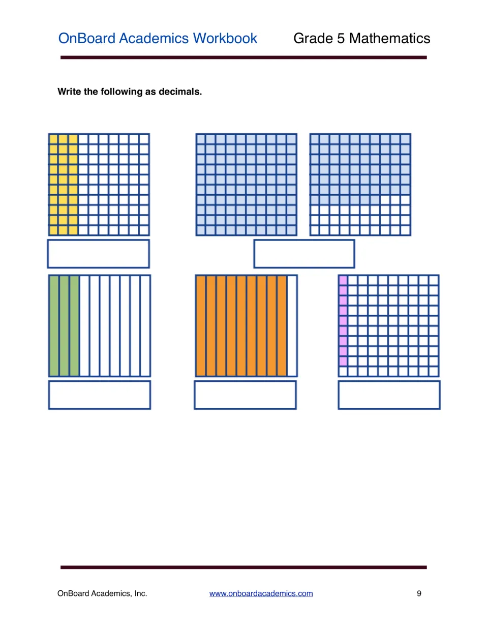 Decimal models: students write five shaded tenths and hundredths models as decimals, one showing more than a whole